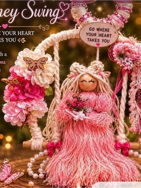 Pink Boho Yarn Doll Wall Hanging with Floral Accents